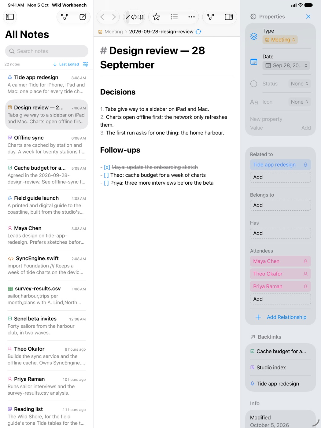 Wiki Workbench on iPad, editing a meeting note.