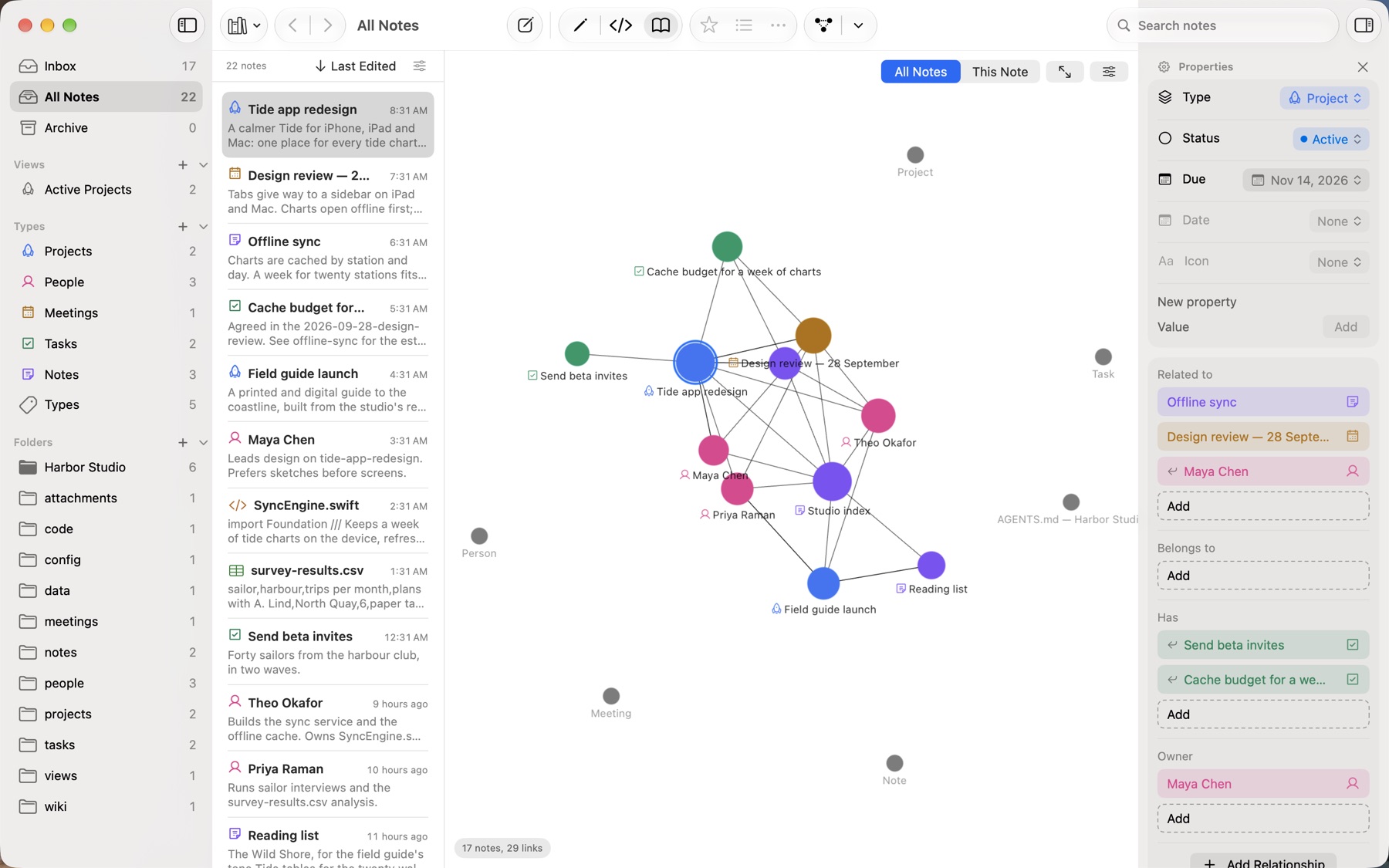 The graph view: notes as dots connected by their links, coloured by type.